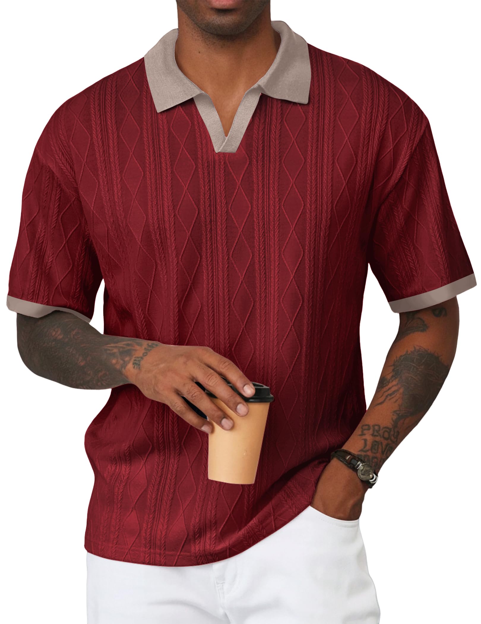 JMIERR Men's Casual Short Sleeve Cable Knit Polo Shirts Cotton Stretch Johnny Collar Texture Tee Summer Vacation Golf Shirts