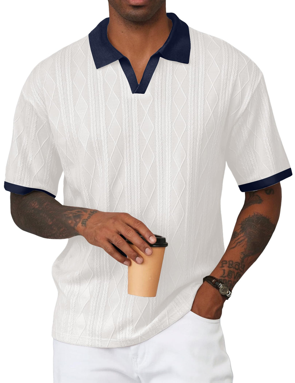 JMIERR Men's Casual Short Sleeve Cable Knit Polo Shirts Cotton Stretch Johnny Collar Texture Tee Summer Vacation Golf Shirts