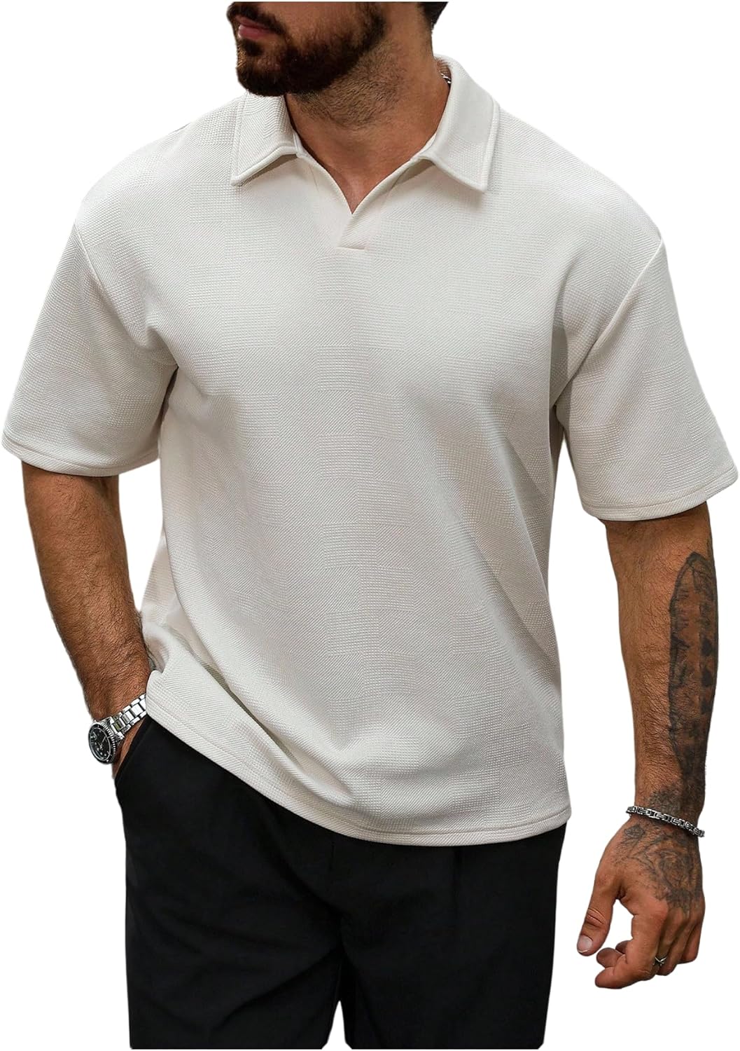 Verdusa Men's Old Money Clothes Collared Short Sleeve Golf Shirts Elegant Textured Tennis Tees Work Tops