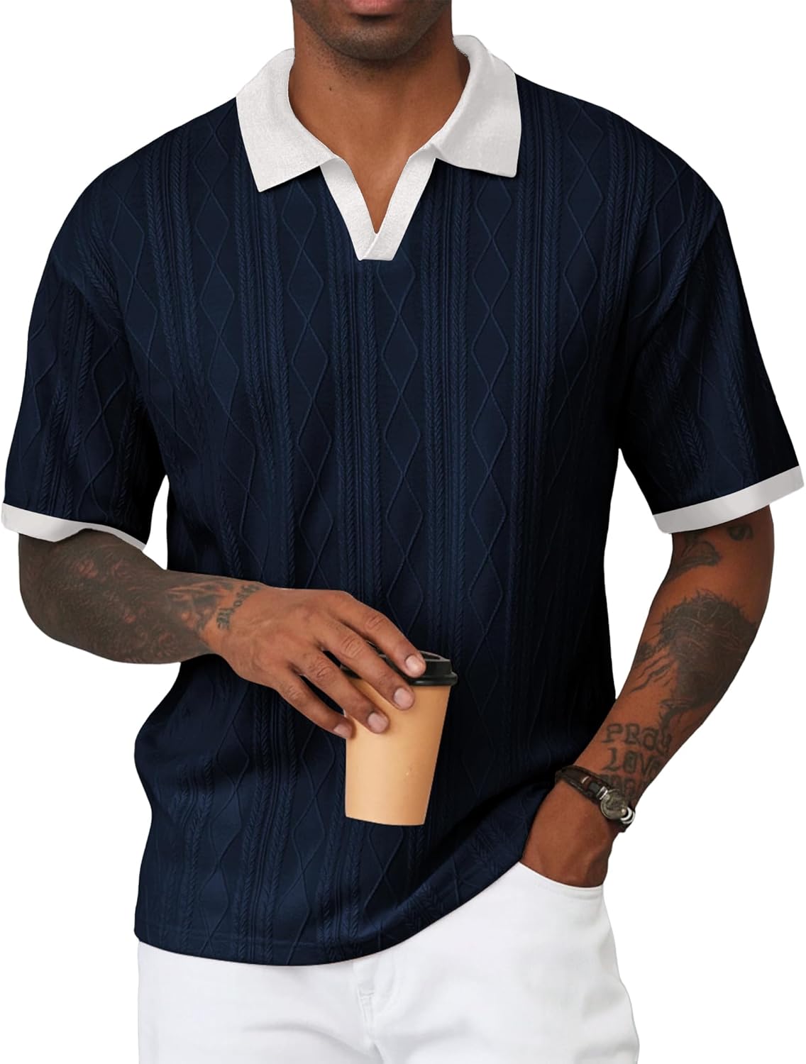 JMIERR Men's Casual Short Sleeve Cable Knit Polo Shirts Cotton Stretch Johnny Collar Texture Tee Summer Vacation Golf Shirts