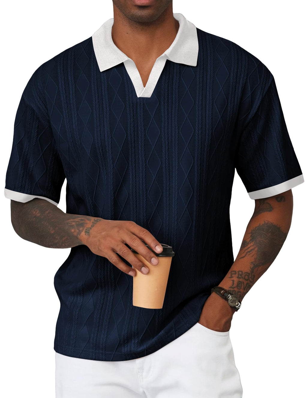JMIERR Men's Casual Short Sleeve Cable Knit Polo Shirts Cotton Stretch Johnny Collar Texture Tee Summer Vacation Golf Shirts