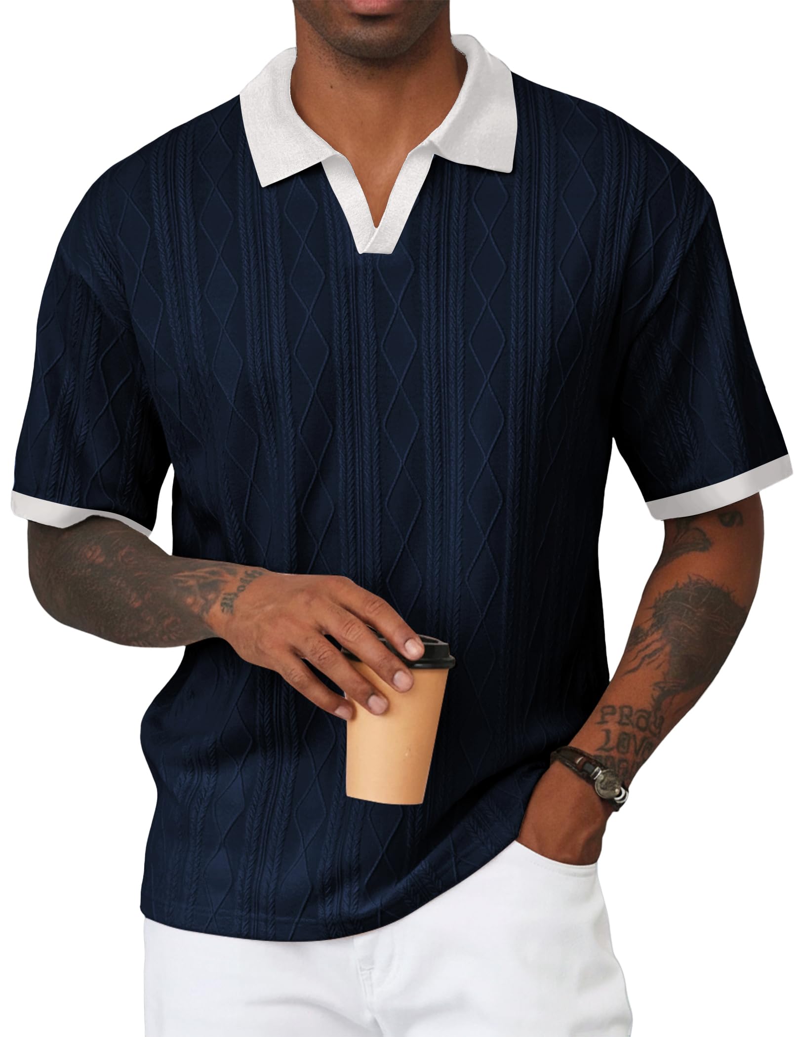 JMIERR Men's Casual Short Sleeve Cable Knit Polo Shirts Cotton Stretch Johnny Collar Texture Tee Summer Vacation Golf Shirts