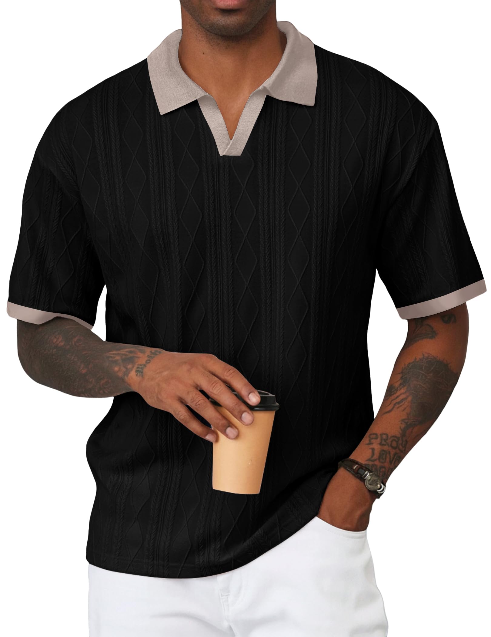 JMIERR Men's Casual Short Sleeve Cable Knit Polo Shirts Cotton Stretch Johnny Collar Texture Tee Summer Vacation Golf Shirts