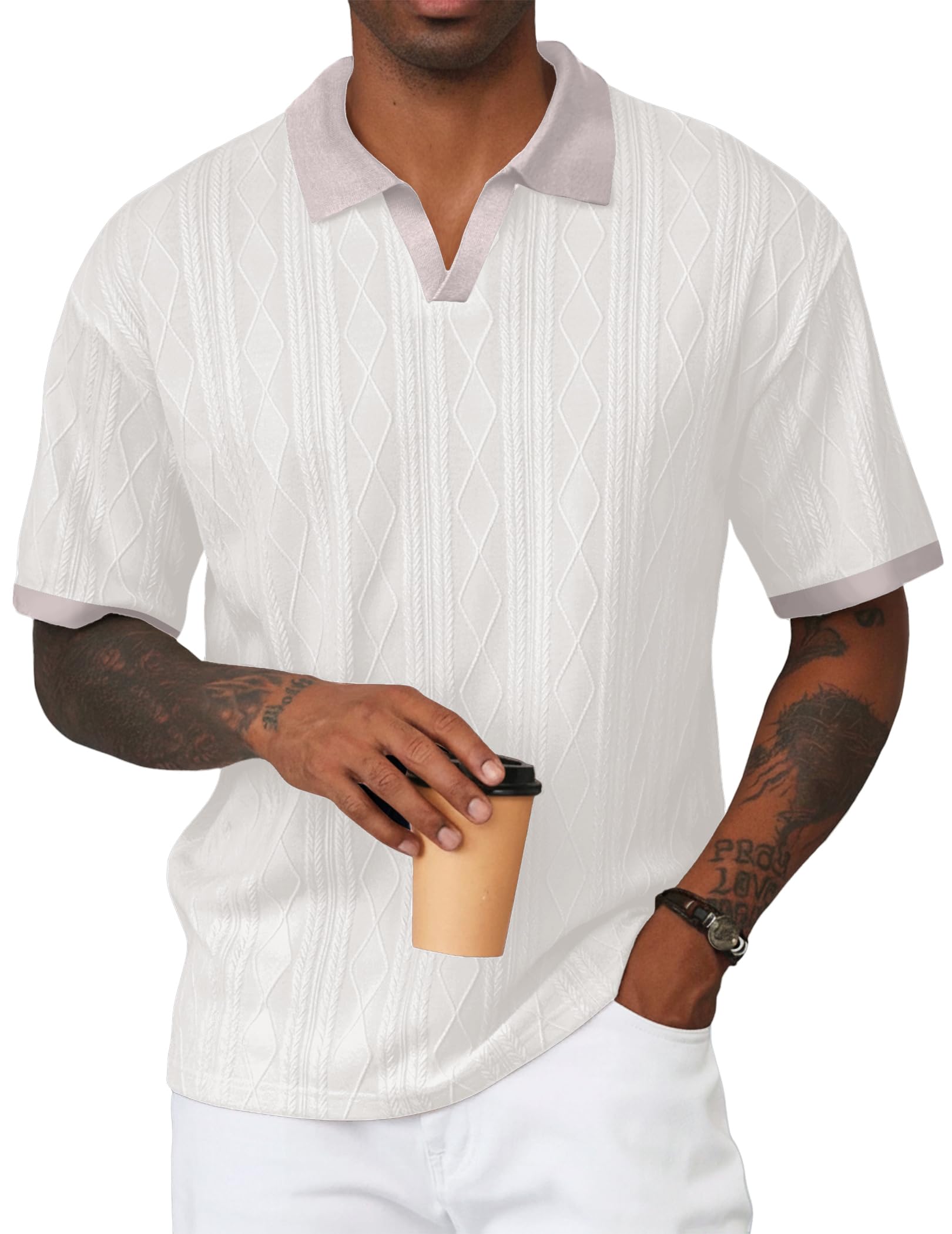 JMIERR Men's Casual Short Sleeve Cable Knit Polo Shirts Cotton Stretch Johnny Collar Texture Tee Summer Vacation Golf Shirts