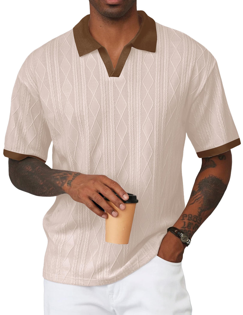 JMIERR Men's Casual Short Sleeve Cable Knit Polo Shirts Cotton Stretch Johnny Collar Texture Tee Summer Vacation Golf Shirts
